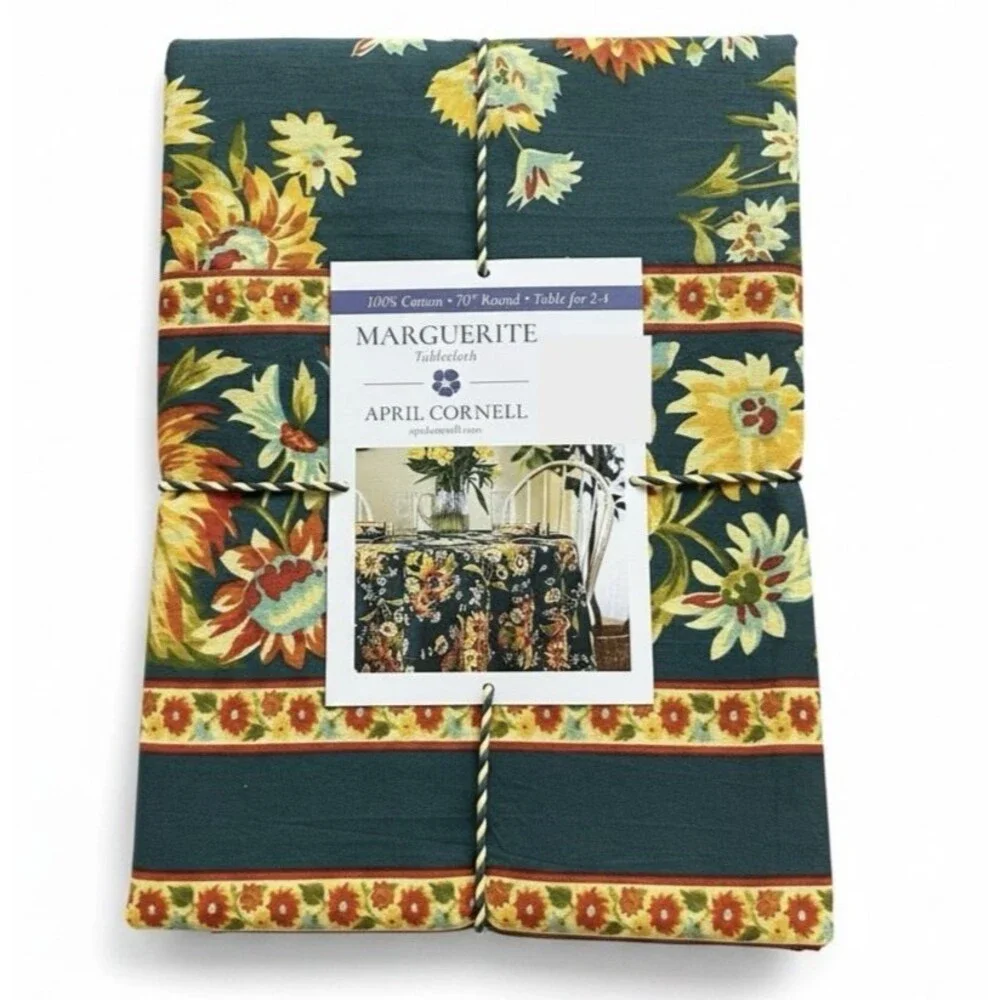 April Cornell Marguerite Floral Tablecloth 70 round Colorful Navy Yellow Cottage